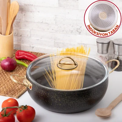 Evren 28 Cm Gold Stone İndüksiyon Tabanlı Güveç Derin Tencere 5,9 Lt (Gold Çelik Kulp)